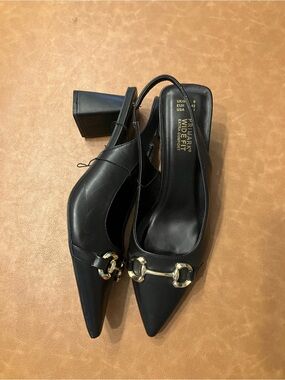 Primark Black Pointed Slingback Heels with Gold Horsebit
